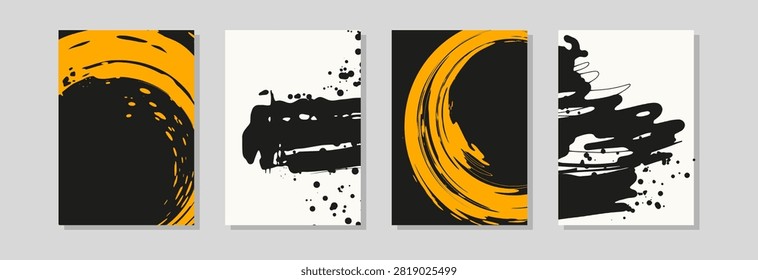 Set of abstract paint splash compositions with bold yellow and black brush strokes, designed as modern vector posters or backgrounds.