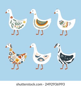 Set of abstract painted cartoon geese. Doodle ornamented goose collection. Rustic, nursery, folk, or Scandinavian style. Vector isolated illustration.