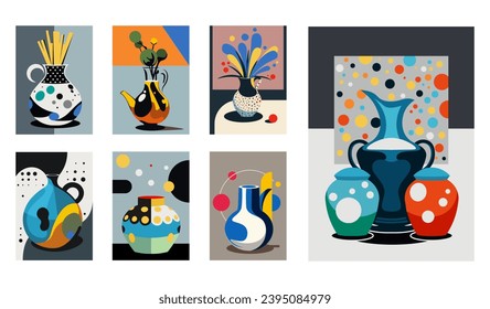 Set of abstract paintings for interior. Contemporary art for wall decoration. Collection of still lifes with jugs and vases of flowers. Cartoon flat vector illustrations isolated on white background