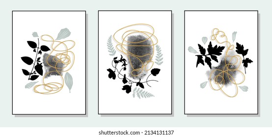 A set of abstract paintings for the interior. Drawing flowers, leaves, plants. Watercolor. Floral mood, advertising, fashion, trend, art. Vector illustration.