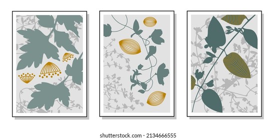 A set of abstract paintings for the interior. Drawing flowers, leaves, plants. Watercolor. Floral mood, advertising, fashion, trend, art. Vector illustration.