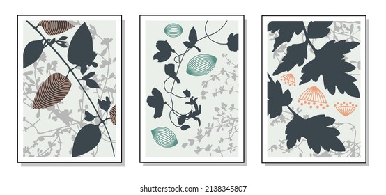A set of abstract paintings for the interior. Drawing flowers, leaves, plants. Watercolor. Floral mood, advertising, fashion, trend, art. Vector illustration.