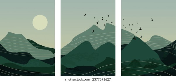 Set of abstract paintings with mountains and sunset. Watercolor in oriental style, green landscape, bird hills with gold, texture of curved lines. Wall art design for home decor, wallpapers, prints.	