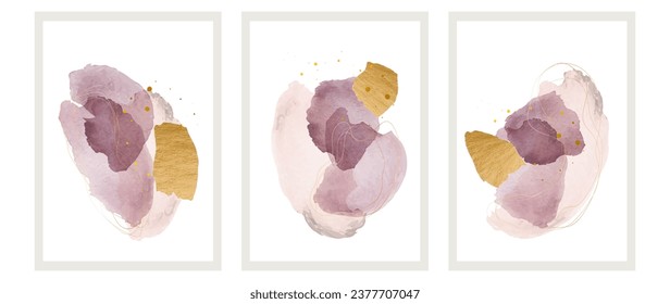 a set of abstract paintings in pink tones, large strokes of watercolor with golden lines and a golden brush with a watercolor texture on a white background. Vector illustration for decoration, poster,