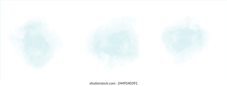 Set of abstract pale cyan watercolor water splash on a white background. Vector watercolour texture in salad color. Ink paint brush stain. Pale cyan splatters spot. Watercolor pastel splash