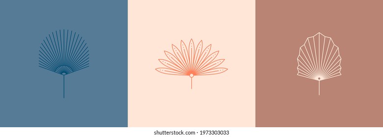 Set of Abstract Palm Leaves in a Trendy Minimal Linear Style. Vector Tropical Leaf Boho Emblem. Floral Illustration for create Logo, pattern, T-shirt Prints, Tattoo, Social Media Post and Stories