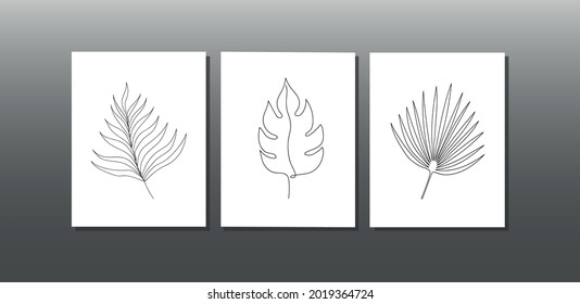Paneles abstractos con hojas tropicales dibujadas por una línea colgando de la pared. Plantas exóticas de trazado continuo. Triptych. Ilustración vectorial.