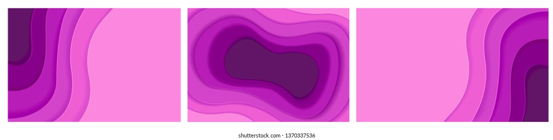 Set of Abstract Paper cut backgrounds. Realistic relief with purple colors . Origami art. Vector illustration design
