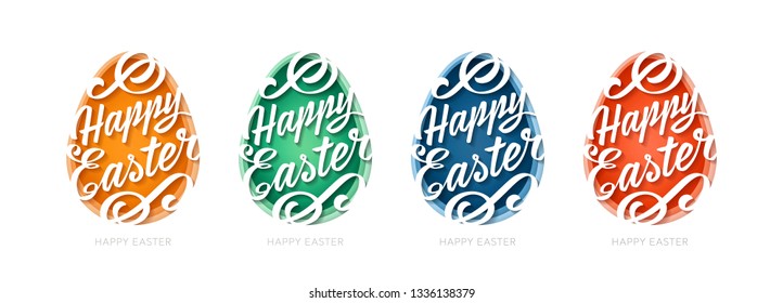 Set of Abstract paper cut illustration of egg with happy easter calligraphy on white background different colors. Happy easter greeting card template