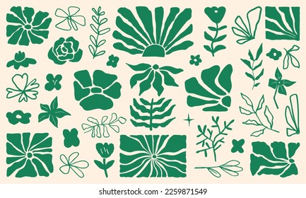 Set of Abstract Paper Cut-Out Flower and Leaf Shape. Hand drawn shapes and doodle design elements. Exotic jungle leaves, flowers and plants. Abstract contemporary modern trendy vector illustration.