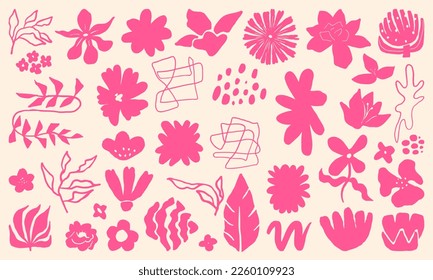 Set of Abstract Paper Cut-Out Flower and Leaf Shape. Hand drawn shapes and doodle design elements. Exotic jungle leaves, flowers and plants. Abstract contemporary modern trendy vector illustration.