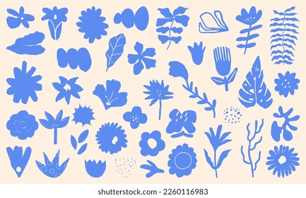 Set of Abstract Paper Cut-Out Flower and Leaf Shape. Hand drawn shapes and doodle design elements. Exotic jungle leaves, flowers and plants. Abstract contemporary modern trendy vector illustration.