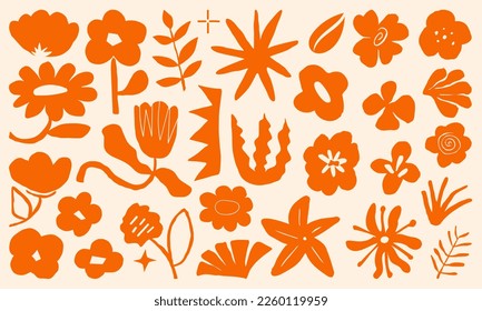 Set of Abstract Paper Cut-Out Flower and Leaf Shape. Hand drawn shapes and doodle design elements. Exotic jungle leaves, flowers and plants. Abstract contemporary modern trendy vector illustration.