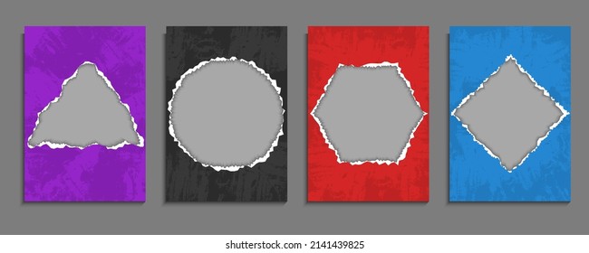 Set Of Abstract Paper Ripped Frame With Geometric Shape Design A4 Template