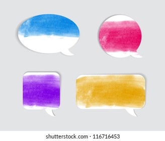A set of abstract paper speech bubbles with hand painted brush strokes watercolor  background