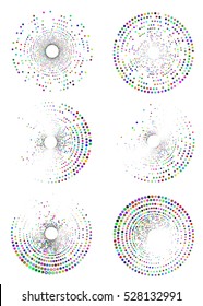 Set of abstract partly dissolved dotted radial patterns. Random colors.