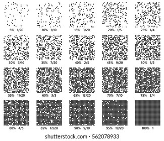 Set of abstract partly dissolved dotted square patterns. Precise remains rate included. Math infographic. Black and white.