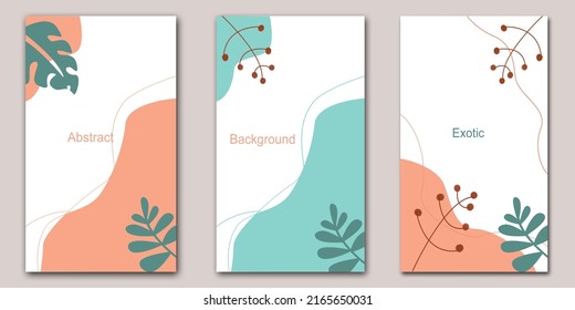 Set of abstract pastel backgrounds decorated of palm leaves for poster, advertising, promotion, social media stories templates