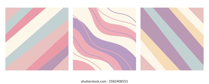 Set of abstract pastel backgrounds with wavy and striped shapes. Pastel illustrations, backgrounds