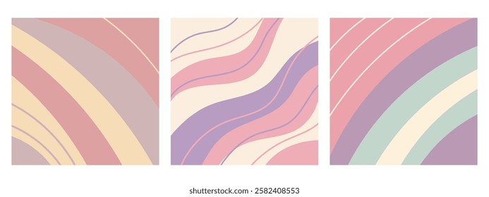 Set of abstract pastel backgrounds with wavy and striped shapes. Pastel illustrations, backgrounds