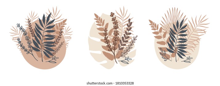 Set of abstract pastel leaves bouquet. Isolated big leaves, fern, palm, vector spot on a white background. Tropical flat design