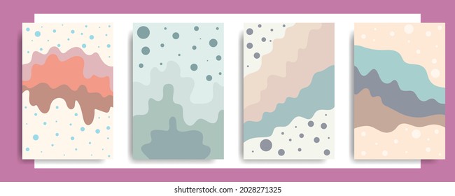 Set of abstract pastel posters with wavy shapes and dotted patterns in soft tones, creating a calming and modern minimalist aesthetic