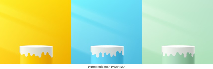 Set of abstract pastel yellow, blue, green cylinder pedestal podium. Modern fluid shape trendy color platform. Vector rendering 3d shape. Cosmetic product display presentation. Abstract room design.