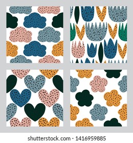 Set of abstract pattern with clouds, tulips, flowers and hearts, vector design for wrapping paper, textile, background fill design.
