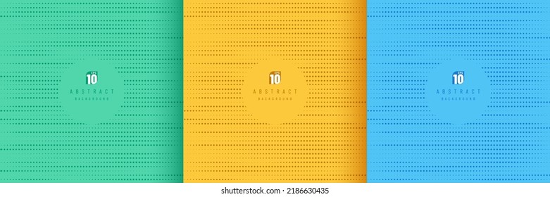 Set of abstract pattern random dots halftone on yellow, green, and dark blue background. Simple flat design with copy space. Minimal and modern vector banner design. Use for cover, poster, template.