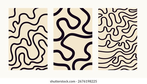 Conjunto de padrões abstratos com linhas pretas onduladas finas. Ilustrações vetoriais com impressão monocromática e groovy em um fundo bege cremoso