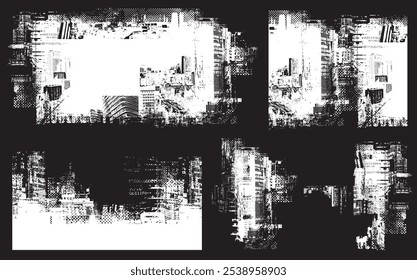Set abstract patterns backgrounds with chaotic layering of newspaper text, illustrations modern city, headlines in urban street style on black background. Creative vector in grunge style