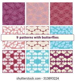 Set of abstract patterns with butterflies; collection of backgrounds with stylized butterflies 