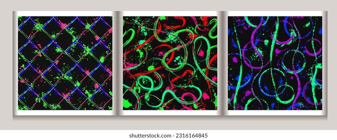 Set of abstract patterns with geometric shapes, swirls, twirls, paint brush strokes, blots, spattered paint of neon bright colors Grunge style for sports goods, prints, clothing, t shirt design
