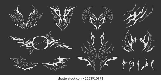 A set of abstract patterns in neo-tribal style on a black isolated background. For tattoos, logos, body art. Gothic cyber aesthetics y2k. Vector illustration. 80s-90s style.