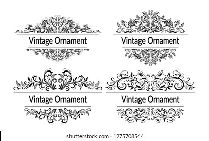 Set Abstract Patterns, Plants and Butterflies Black and Grey Contours Isolated on White Background. Vector