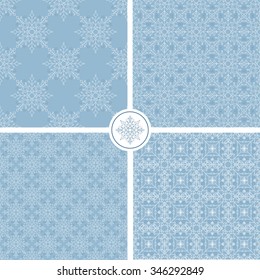 Set of abstract patterns of snowflakes on a blue background. Used for decoration and packaging.