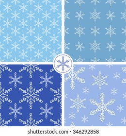 Set of abstract patterns of snowflakes on a blue background. Used for decoration and packaging.