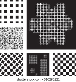 Set of abstract patterns with squares. Black and white vector background in minimal style