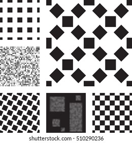 Set of abstract patterns with squares. Black and white vector background in minimal style