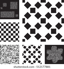 Set of abstract patterns with squares. Black and white vector background in minimal style