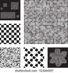 Set of abstract patterns with squares. Black and white vector background in minimal style