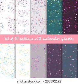 Set of abstract patterns with watercolor stains. Set of ten background textures with hand drawn watercolor splashes. Stock vector.