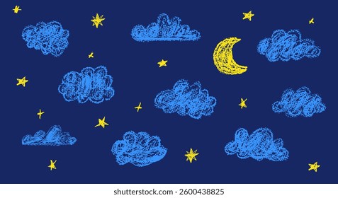 Set of abstract pencil clouds, golden stars and moon. Hand drawn cartoon cloudy night sky. Vector illustration of collection of blue eddy on blue background. Like children's drawing with pencils.