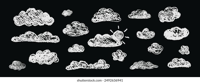 Set of abstract pencil clouds. Hand drawn cartoon cloudy sky and sun. Vector illustration of collection of white eddy on black background. Imitation of a child's drawing with pencils on blackboard