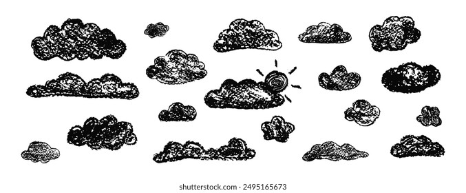 Set of abstract pencil clouds. Hand drawn cartoon cloudy sky and sun. Vector illustration of collection of black eddy on white background. Imitation of a child's drawing with pencils on blackboard