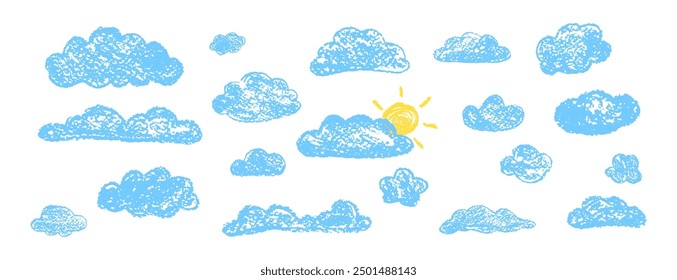 Set of abstract pencil clouds. Hand drawn cartoon cloudy sky and sun. Vector illustration of collection of blue eddy on white background. Imitation of a child's drawing with pencils on blackboard