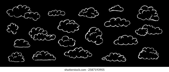 Set of abstract pencil clouds. Hand drawn cartoon cloudy sky. Vector illustration of collection of white eddy on black background. Imitation of a child's drawing with pencils on blackboard.