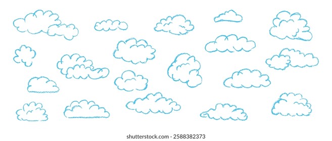 Set of abstract pencil clouds. Hand drawn cartoon cloudy sky. Vector illustration of collection of blue eddy on white background. Imitation of a child's drawing with pencils on blackboard.