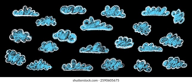 Set of abstract pencil clouds. Hand drawn cartoon cloudy sky. Vector illustration of collection of blue eddy on black background. Imitation of a child's drawing with pencils on blackboard