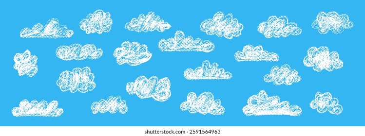 Set of abstract pencil clouds. Hand drawn cartoon cloudy sky. Vector illustration of collection of white eddy on blue background. Imitation of a child's drawing with pencils on blackboard